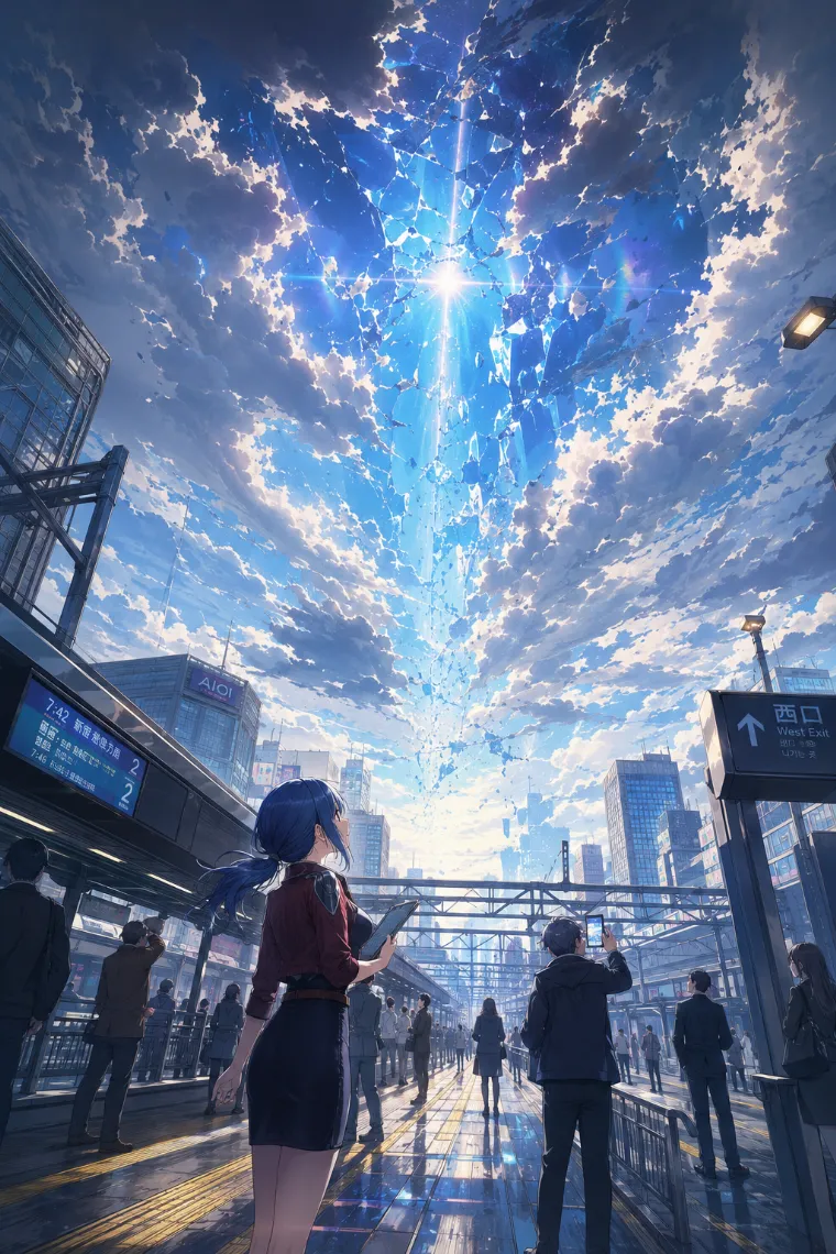 通勤中の街で空が割れる異変を描いたコンセプトアート