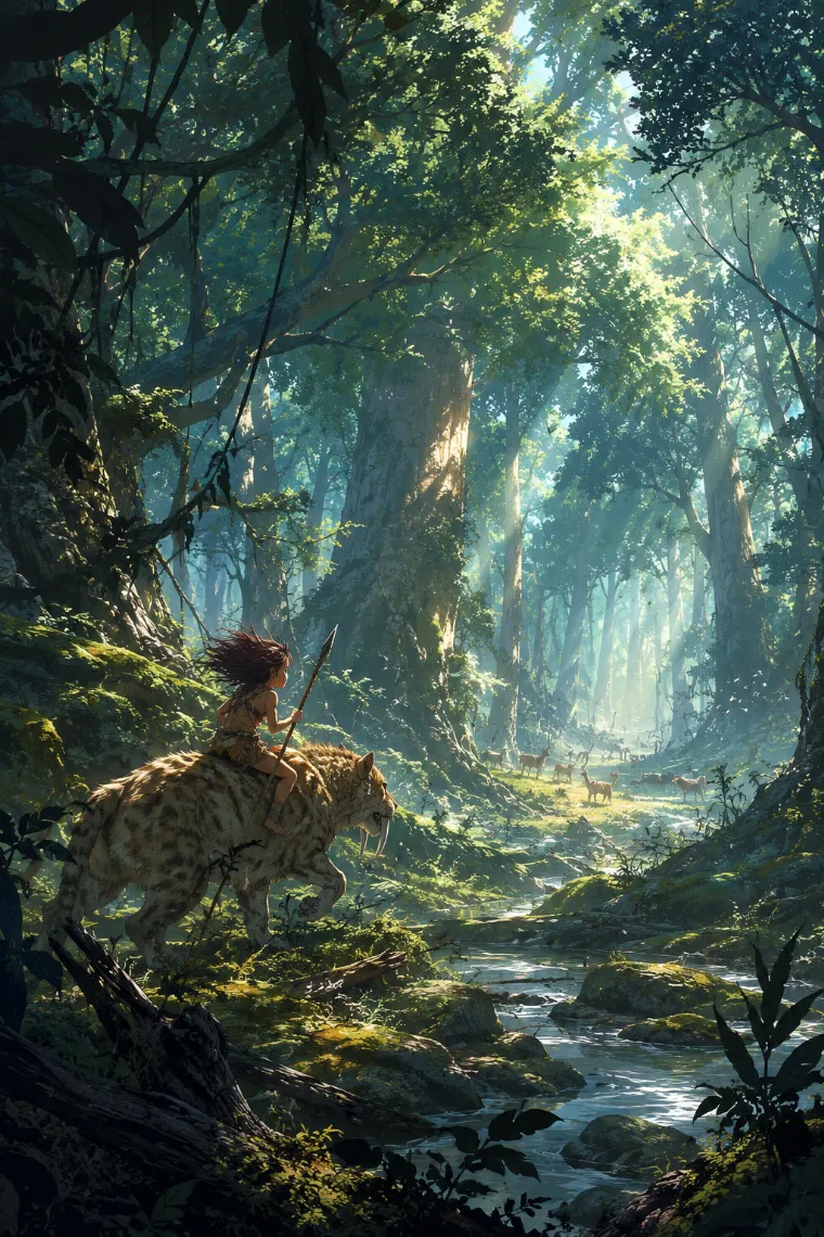 森の中で狩りをする場面を描いたコンセプトアート