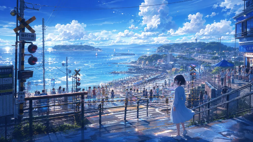 海岸と踏切が見える爽やかな街並みを再現したコンセプトアート｜GPT Image 2.0