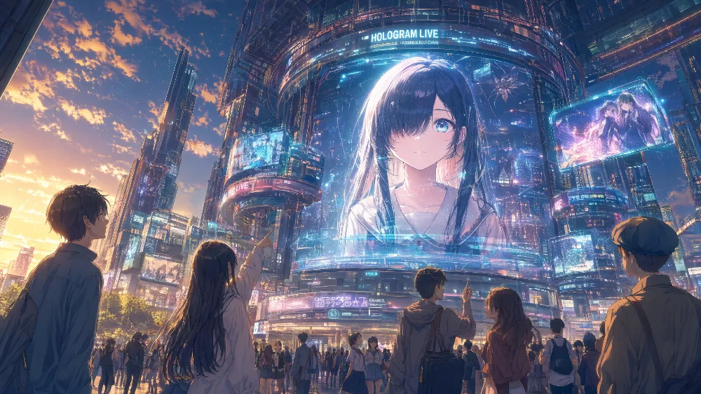 巨大なホログラム広告が見える都市と群衆を描いたコンセプトアート｜GPT Image 2.0
