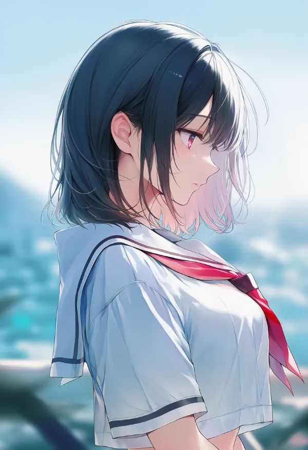 短丈トップスが胸元にかかる服装のAIイラスト（プロンプト紹介用）