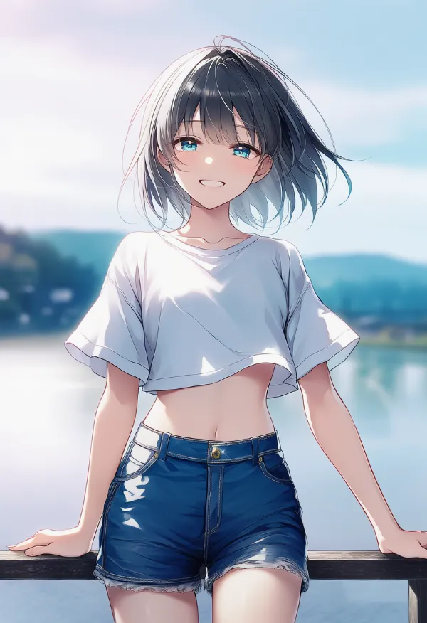 丈の短いシャツの着こなしのAIイラスト（プロンプト紹介用）