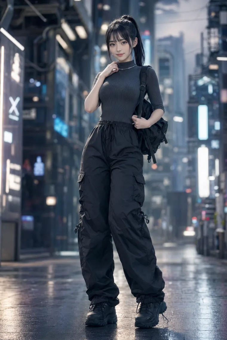 実写AI美女版｜チャコールグレーのハイネックリブカットソーと黒カーゴパンツのコーデ
