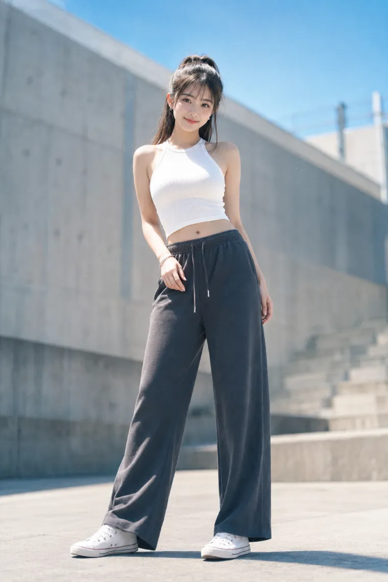 実写AI美女版｜白アメリカンスリーブカットソーとチャコールグレースウェットワイドパンツのコーデ