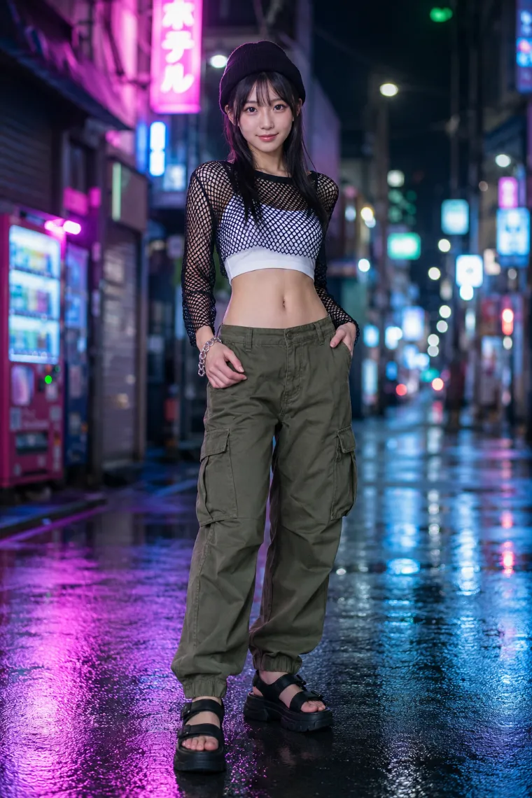 実写AI美女版｜黒フィッシュネットカットソーとオリーブカーキカーゴパンツのコーデ
