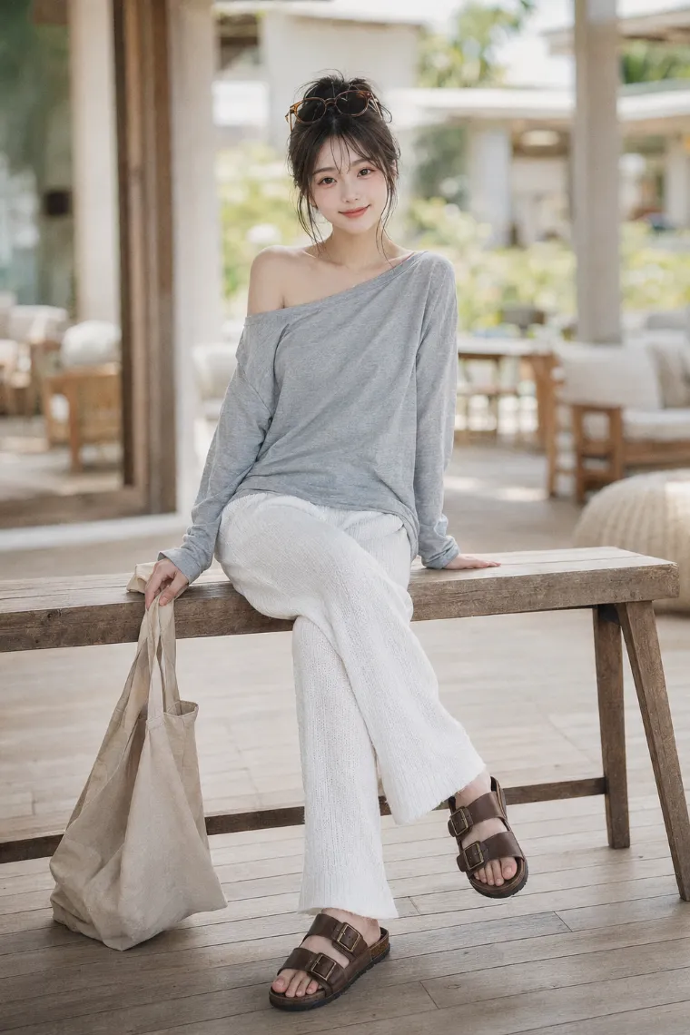 実写AI美女版｜杢グレーのオフショルダー長袖カットソーと白ニットワイドパンツのコーデ