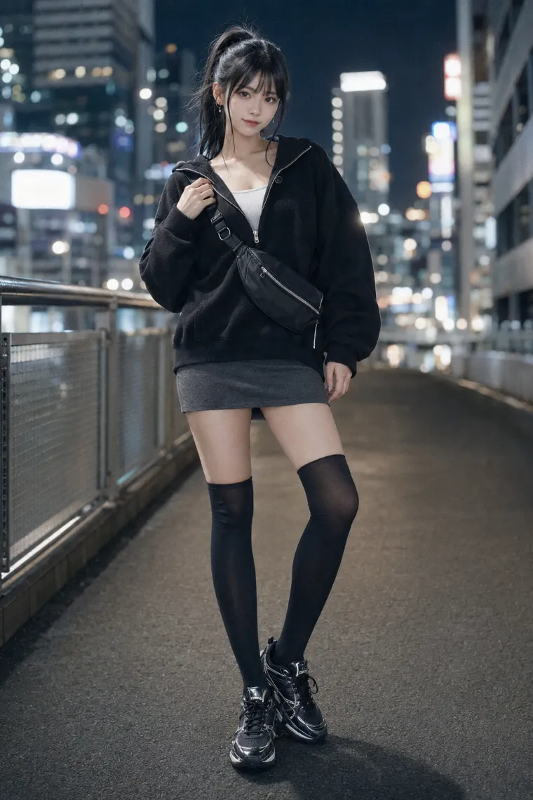 実写AI美女版｜黒ハーフジップカットソーとチャコールグレースウェットミニスカートのコーデ