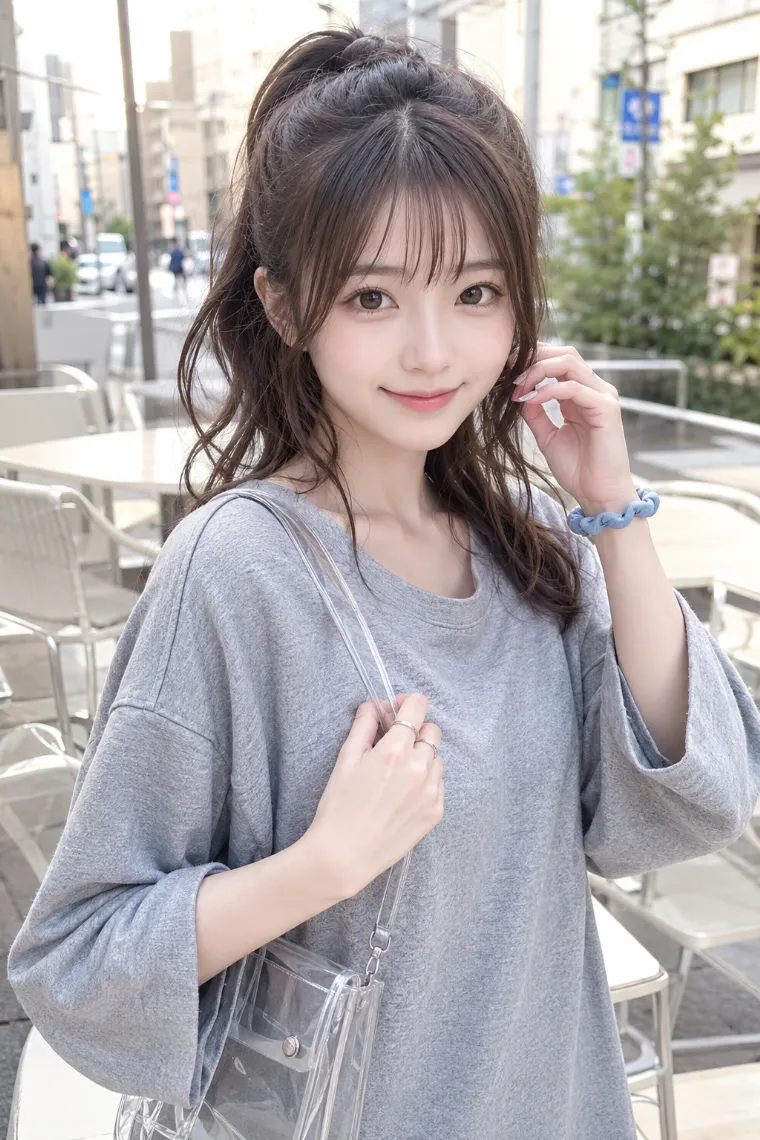実写AI美女版｜杢グレーのオーバーサイズ七分袖Tシャツと黒ミニスカートのコーデ