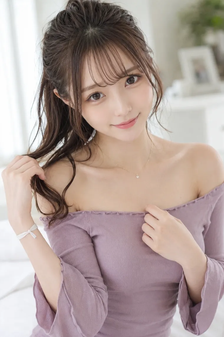 実写AI美女版｜ダスティパープルのオフショルダーカットソーと白チュールスカートのコーデ