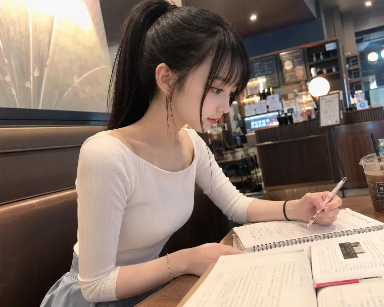 七分袖カットソーを着てカフェで勉強をするAI美女の画像