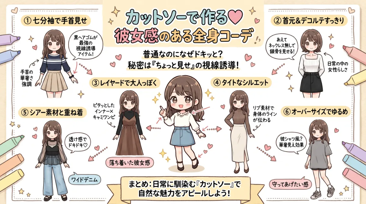 カットソーの全身コーデプロンプト集（圧倒的彼女感が出る服）のまとめ用の図解イラスト（グラレコ）