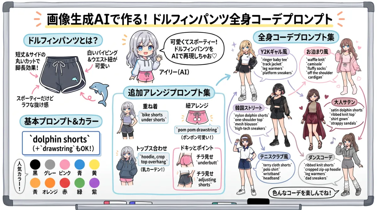 ドルフィンパンツの全身コーデプロンプト集（あざと可愛い）のまとめ用の図解イラスト（グラレコ）