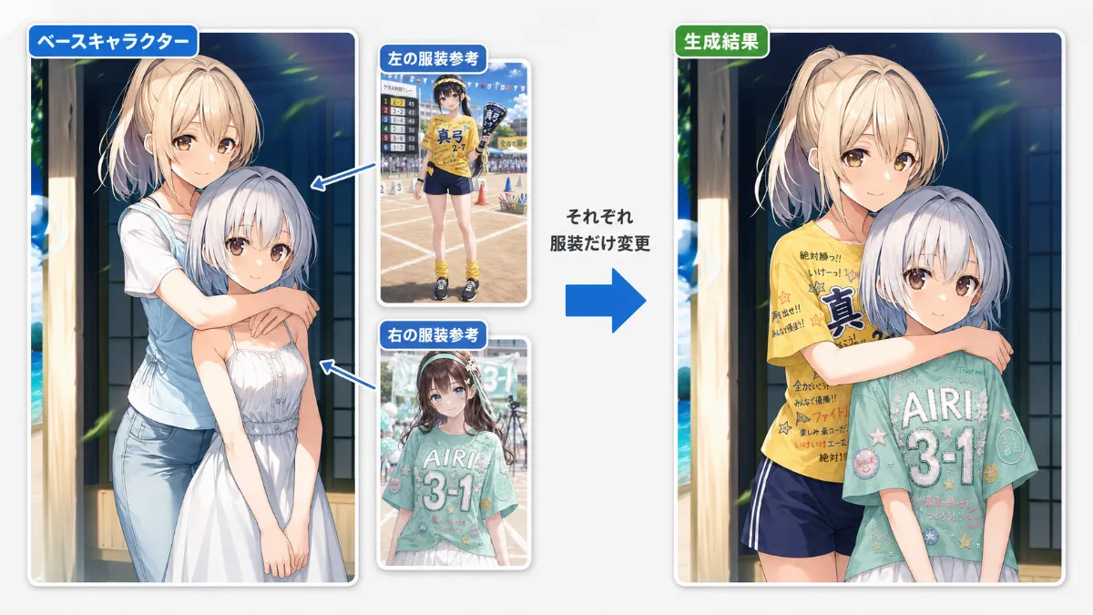 ChatGPT（GPT Image 2.0）でNovelAIのイラストを添付画像から着せ替えした作例（二人のキャラクターに別々の服を着せ替えした例）