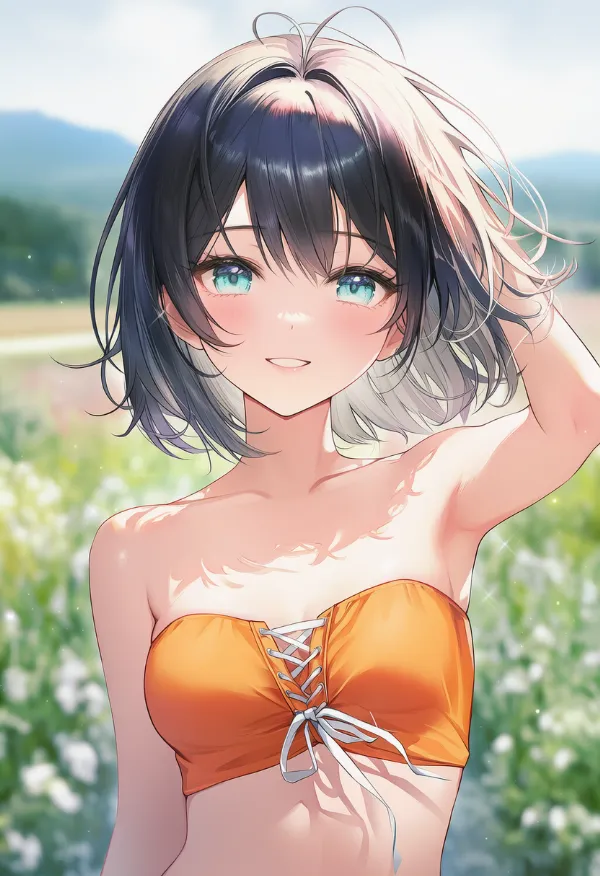前側を結んだトップスの着こなしのAIイラスト（プロンプト紹介用）