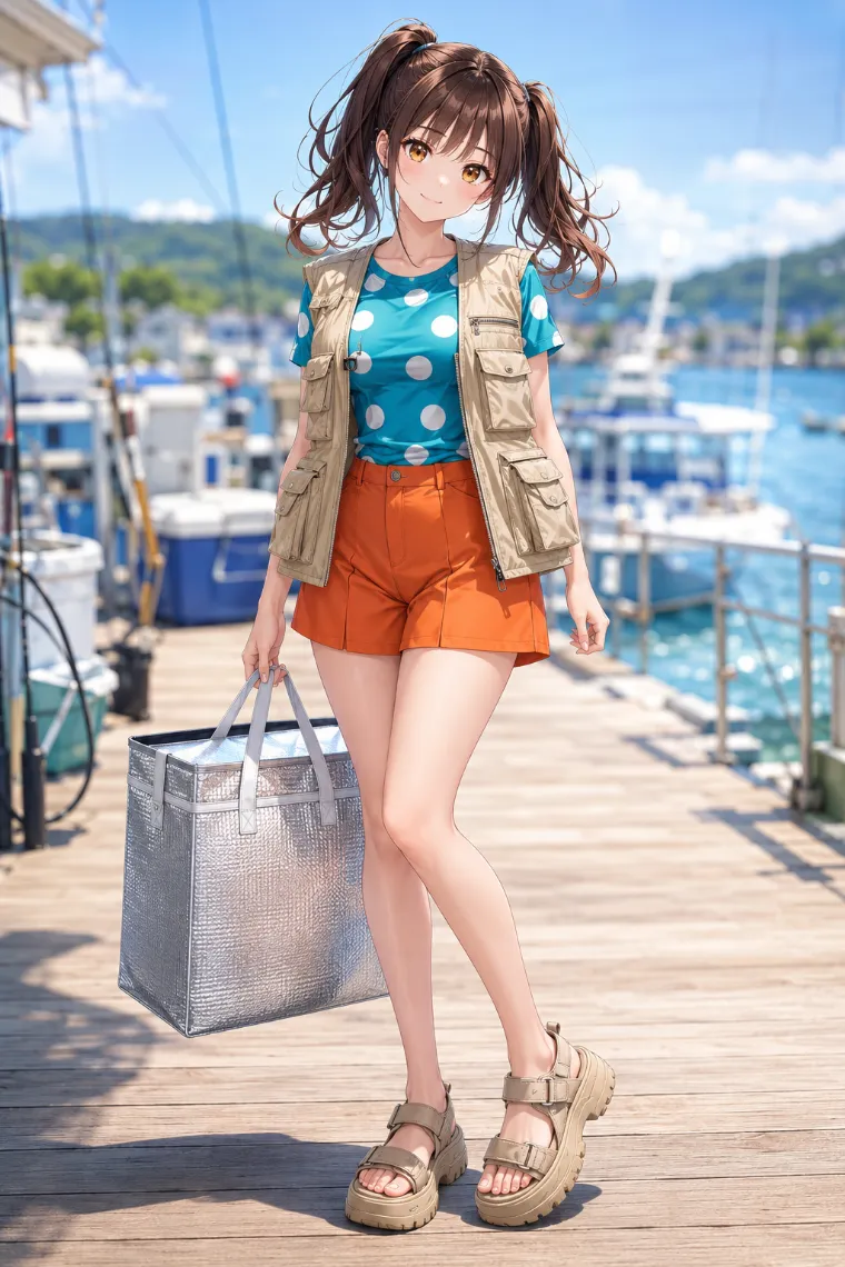 AIイラスト版|巨大な白水玉Tシャツとフィッシングベスト、オレンジショートパンツのダサい服コーデ