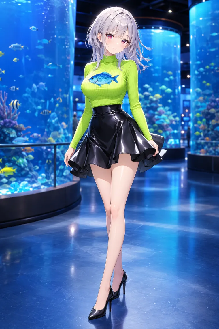 AIイラスト版|熱帯魚プリントトップスと光沢黒フレアミニのダサい服コーデ