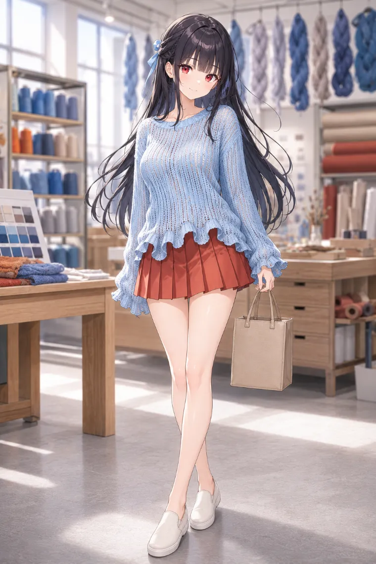 AIイラスト版|波打つスカイブルーニットと硬いプリーツミニのダサい服コーデ