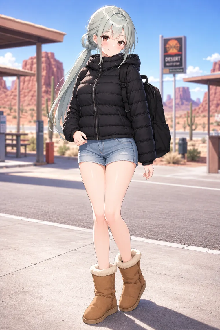 AIイラスト版|厚手の黒ダウンと極短デニム、冬用ブーツのダサい服コーデ