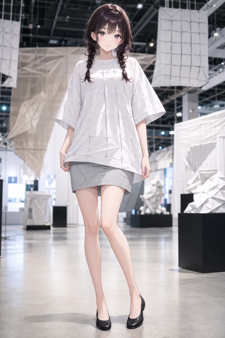 AIイラスト版|全面シワの白Tシャツと斜めに歪んだグレーミニのダサい服コーデ