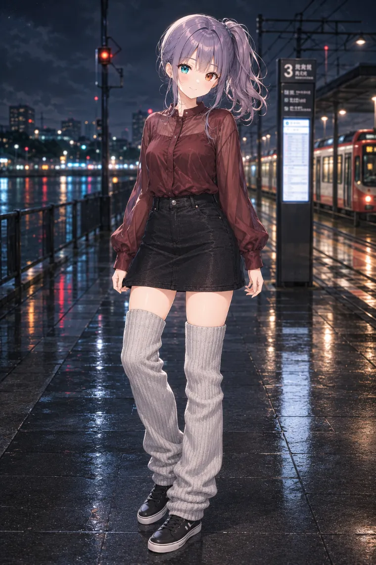AIイラスト版|シアーブラウスと黒ミニ、極厚レッグウォーマーのダサい服コーデ