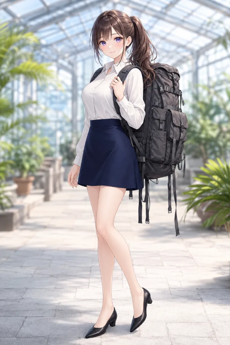 AIイラスト版|きれいめブラウスとネイビーミニに大型リュックを合わせたダサい服コーデ