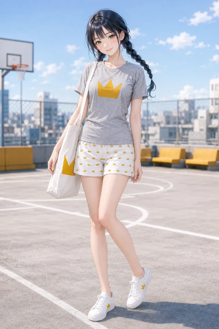 AIイラスト版|王冠柄をTシャツ、ショートパンツ、靴、バッグに反復したダサい服コーデ