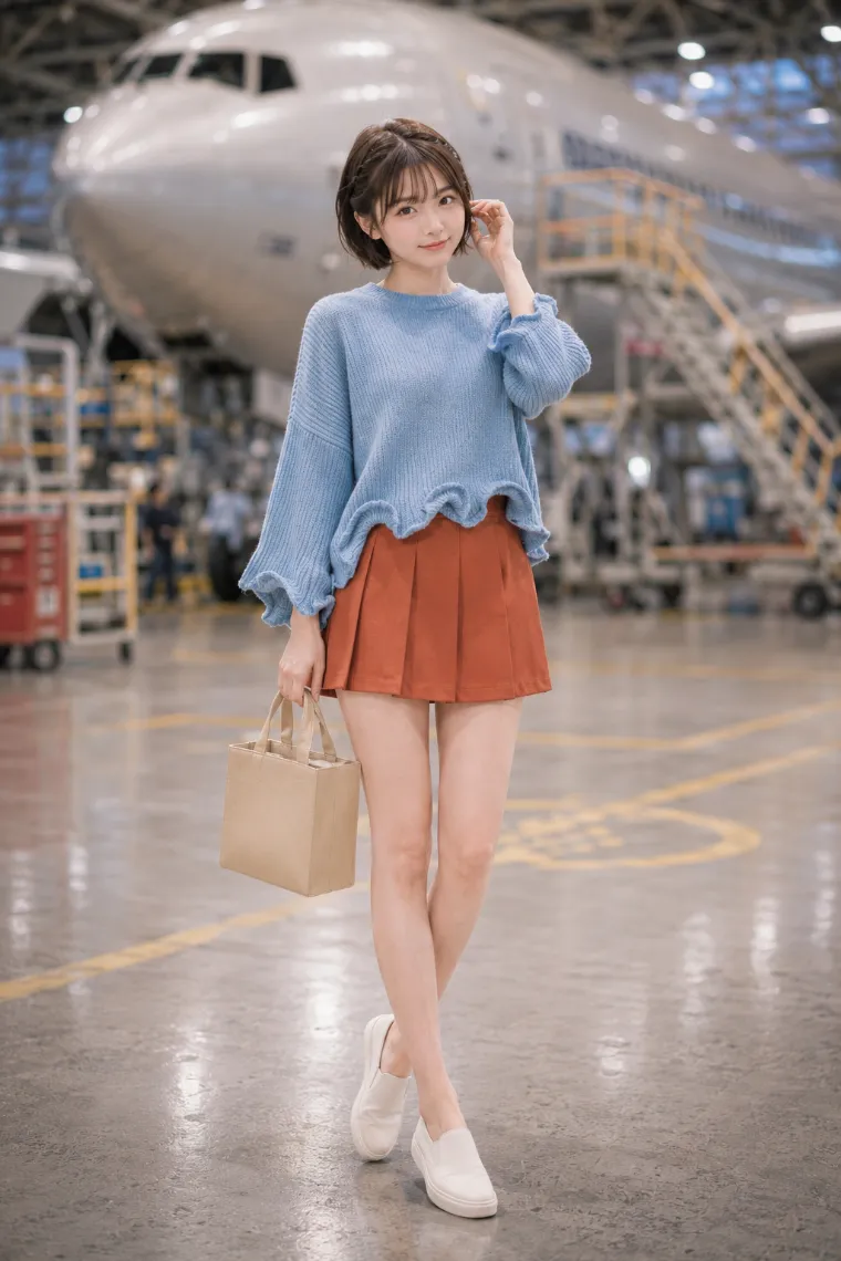 実写AI美女版|波打つスカイブルーニットと硬いプリーツミニのダサい服コーデ