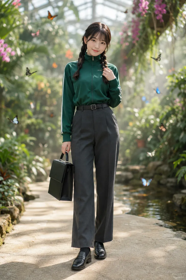 実写AI美女版|トラックジャケットをビジネススラックスへ入れたダサい服コーデ