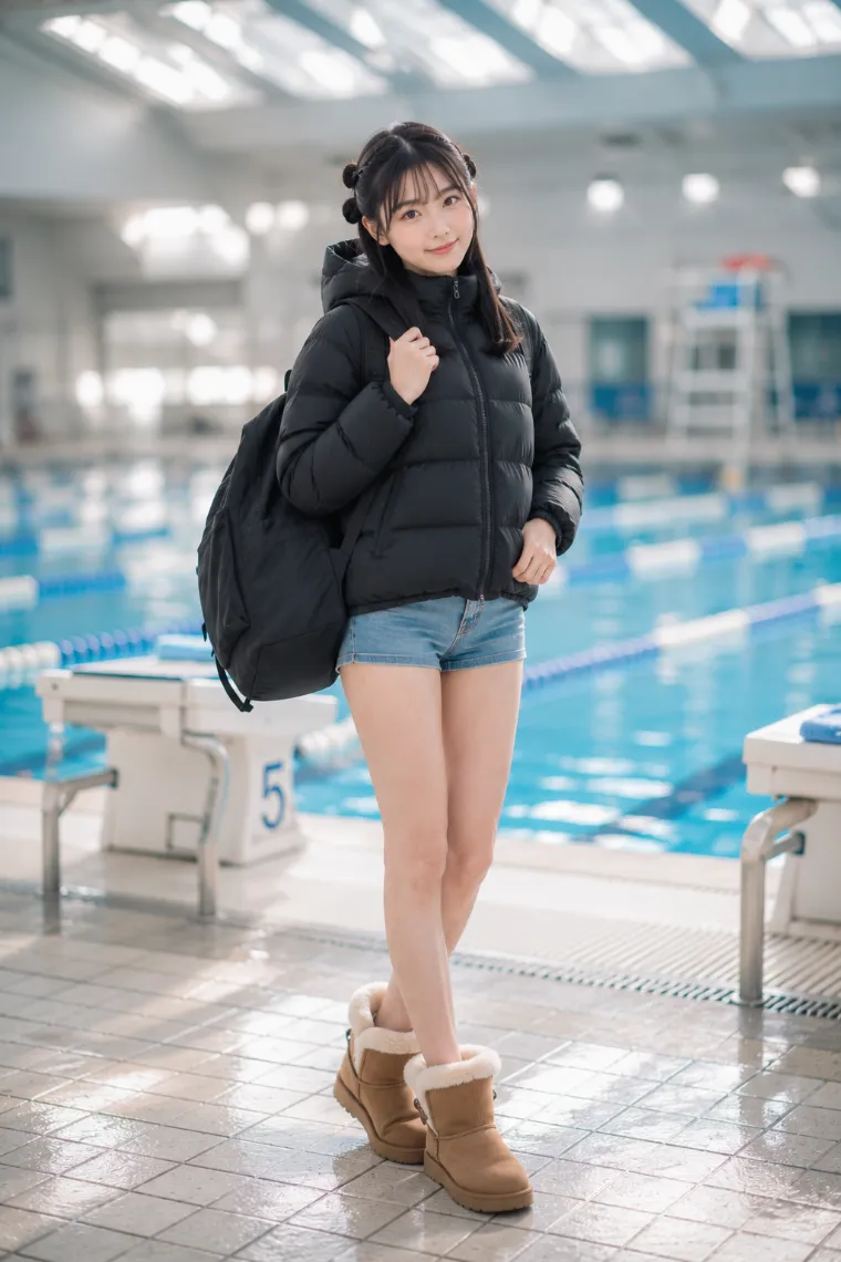 実写AI美女版|厚手の黒ダウンと極短デニム、冬用ブーツのダサい服コーデ