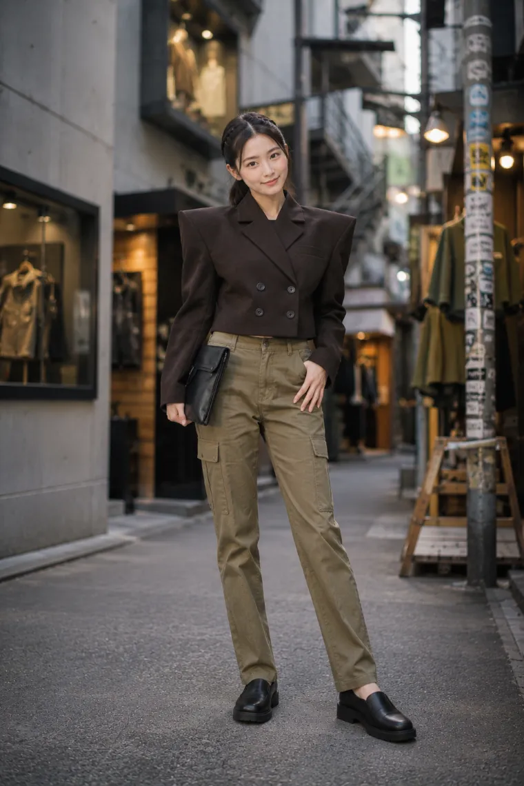 実写AI美女版|直角に張り出すジャケットと細身カーゴパンツのダサい服コーデ