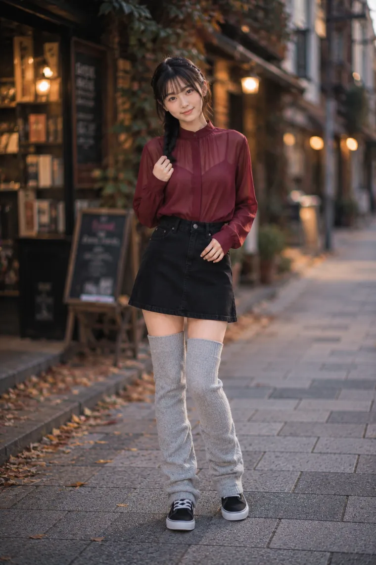 実写AI美女版|シアーブラウスと黒ミニ、極厚レッグウォーマーのダサい服コーデ