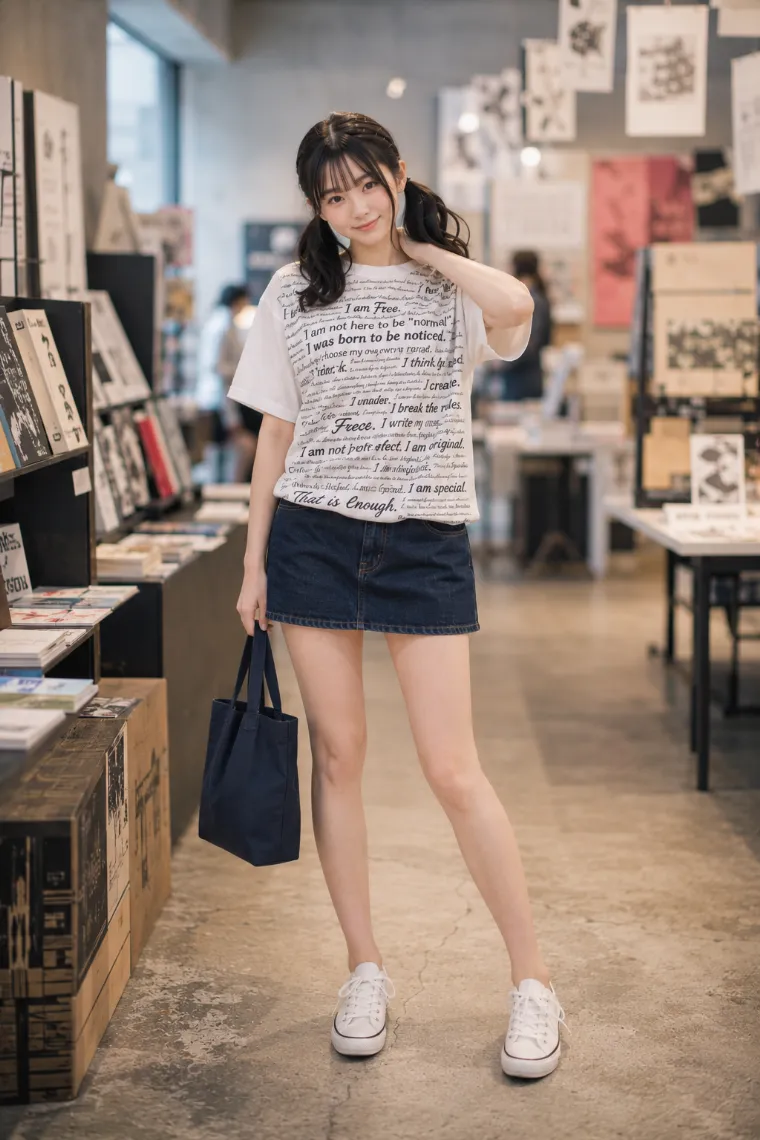 実写AI美女版|長文英語を全面印刷した白Tシャツとデニムミニのダサい服コーデ