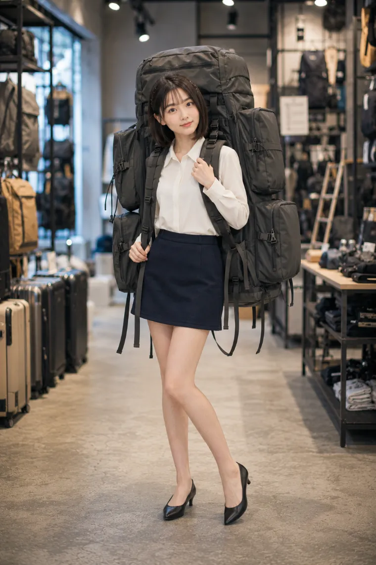 実写AI美女版|きれいめブラウスとネイビーミニに大型リュックを合わせたダサい服コーデ