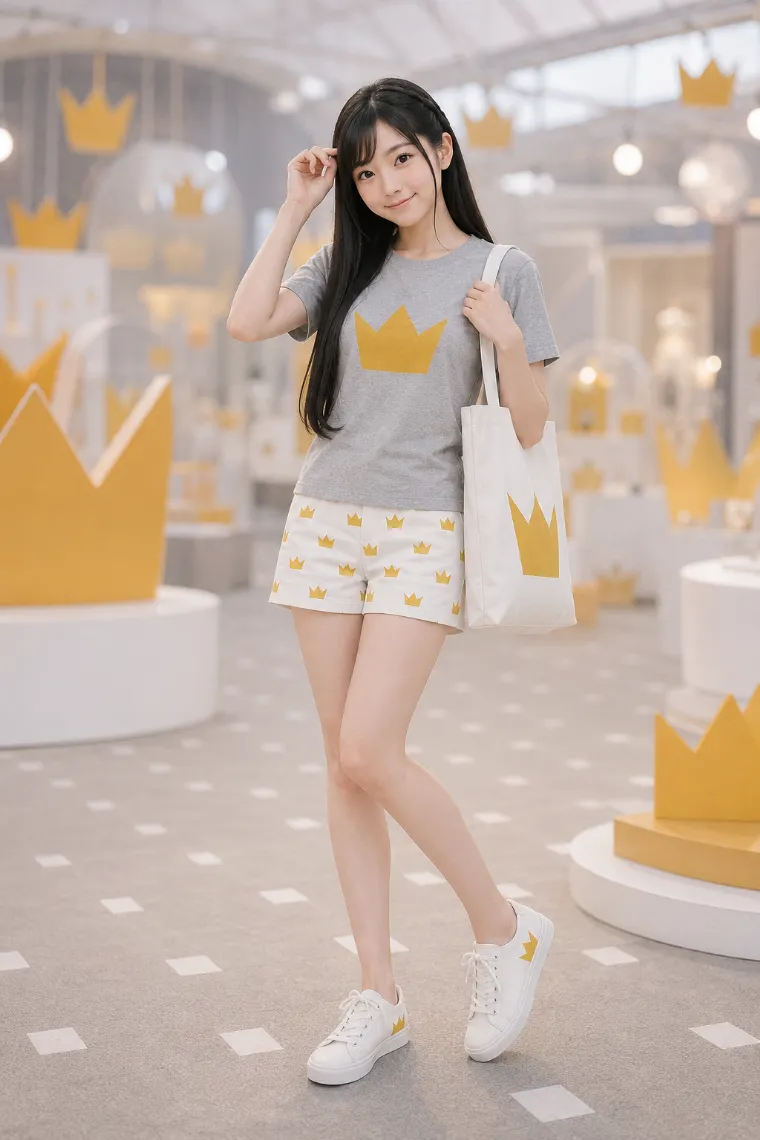 実写AI美女版|王冠柄をTシャツ、ショートパンツ、靴、バッグに反復したダサい服コーデ