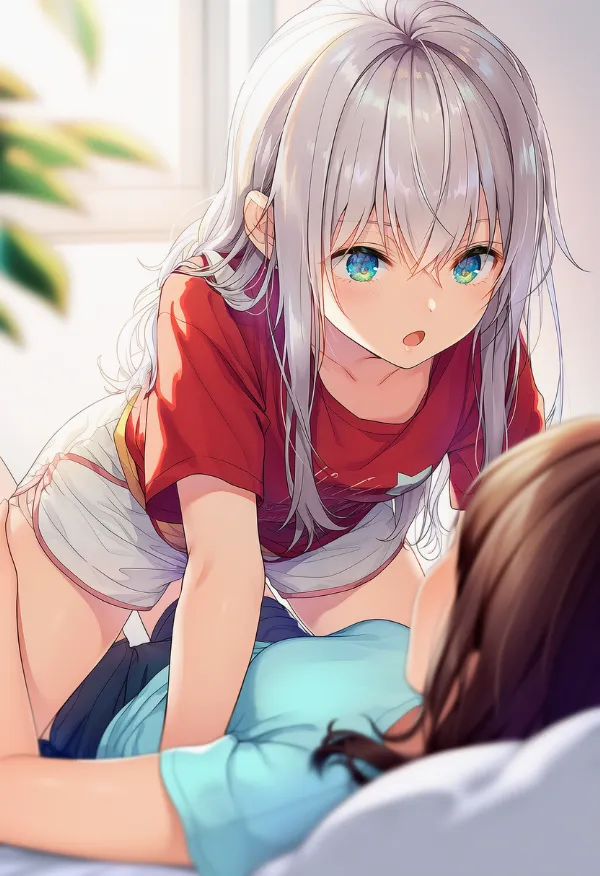 女性キャラクターが相手の上に乗るポーズのAIイラスト