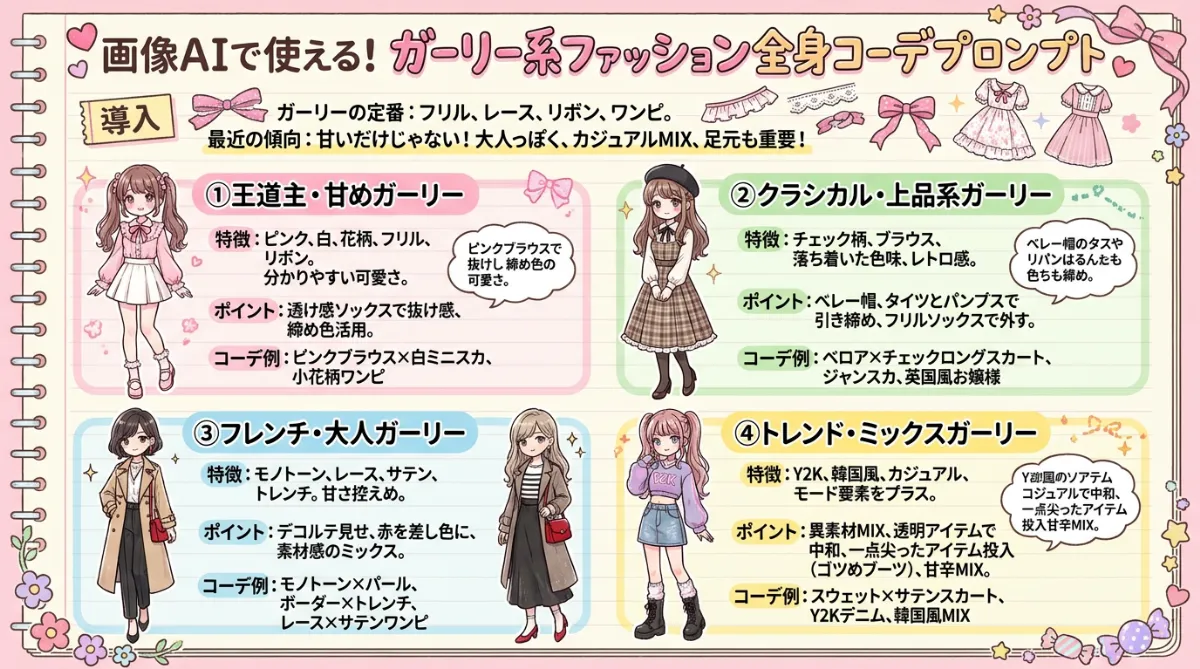 ガーリー系の全身コーデプロンプト集【GPT Image 2】のまとめ用の図解イラスト(グラレコ)