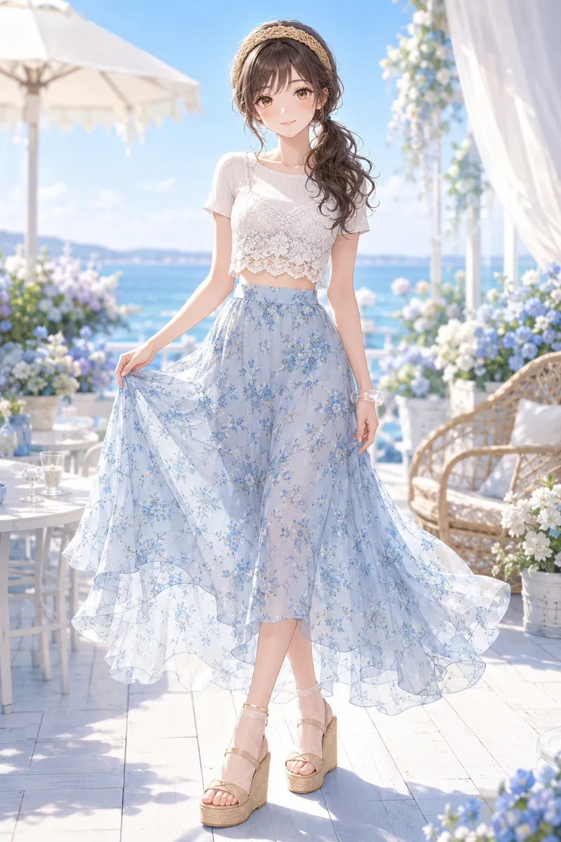 AIイラスト版|白リブトップスとライトブルーの花柄シフォンスカートの清楚ガーリーコーデ