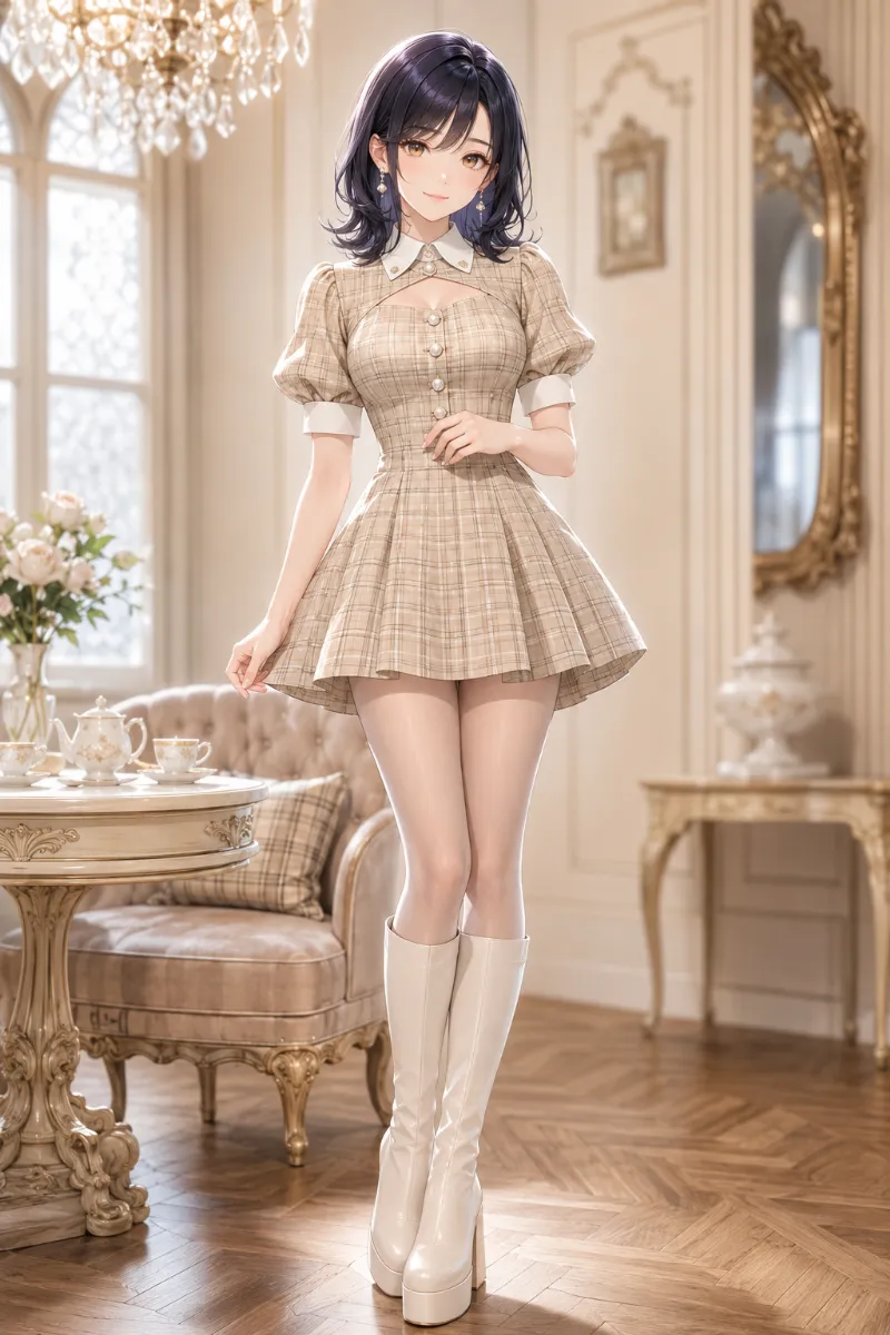 AIイラスト版|ベージュチェック柄の襟付きミニワンピースを使ったレトロお嬢様風コーデ