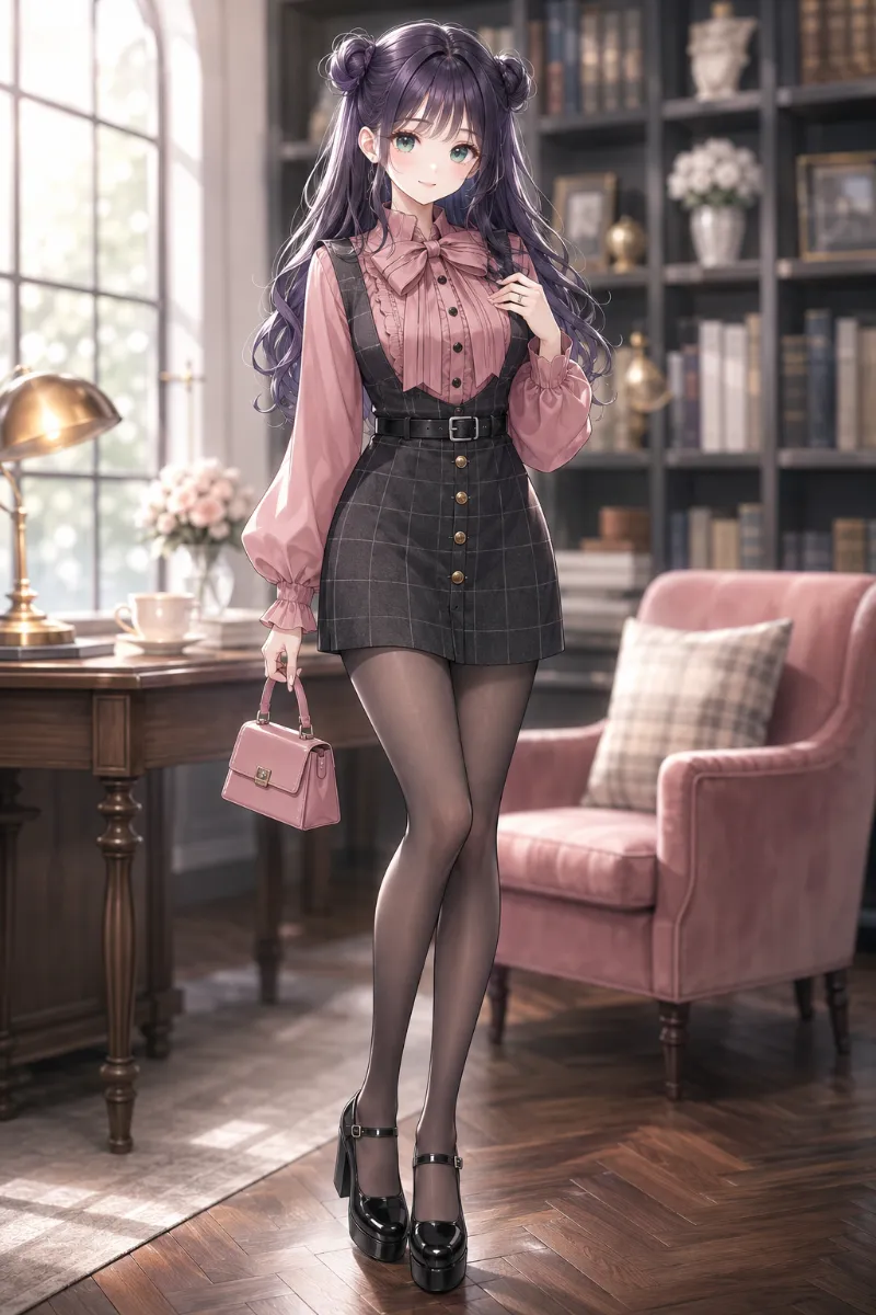AIイラスト版|ダスティーピンクのボウタイブラウスとチェック柄ジャンスカの上品ガーリーコーデ