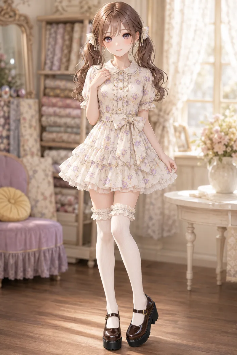 AIイラスト版|オフホワイトの小花柄シフォンミニワンピースを使ったフェアリードーリーコーデ