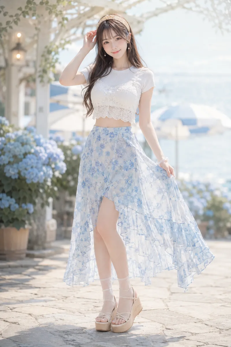 実写AI美女版|白リブトップスとライトブルーの花柄シフォンスカートの清楚ガーリーコーデ