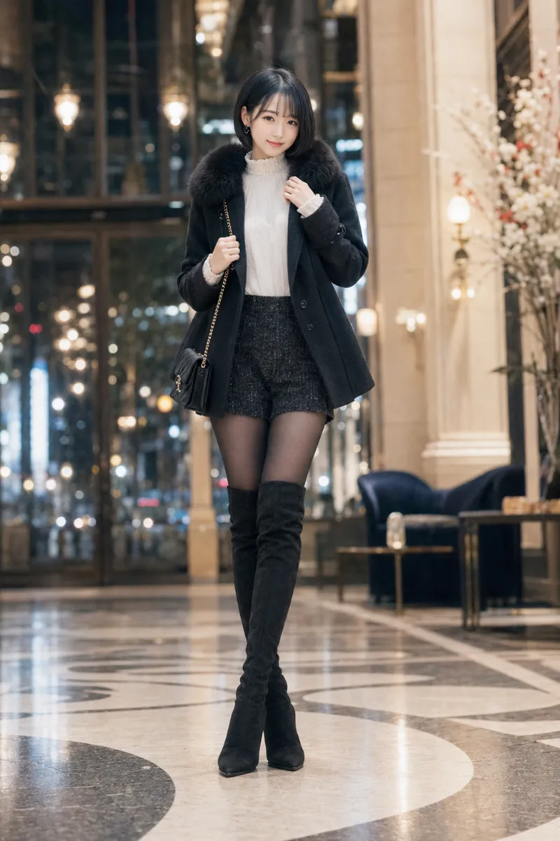 実写AI美女版|白ハイネックブラウスと黒ツイードショートパンツの大人ガーリーコーデ