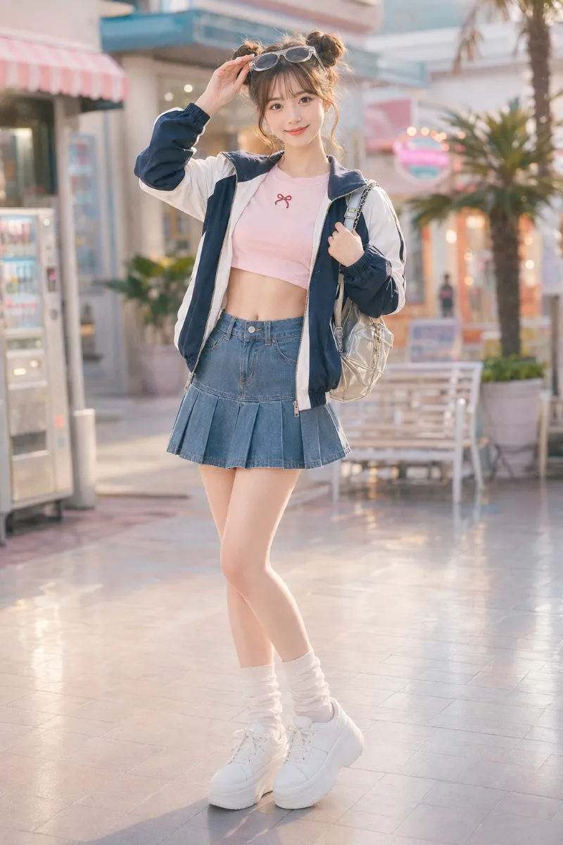 実写AI美女版|ベビーピンクのクロップドTシャツとデニムミニスカートのY2Kガーリーコーデ