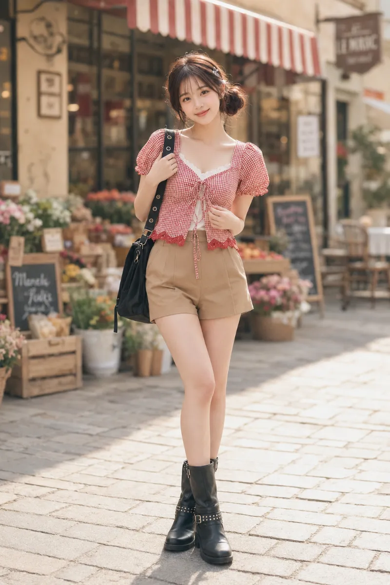 実写AI美女版|赤白ギンガムブラウスとキャメルベージュのハーフパンツの夏ガーリーコーデ