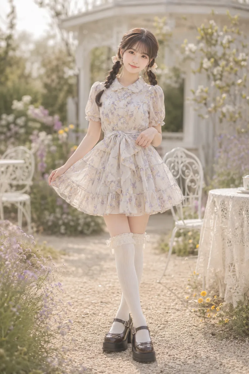 実写AI美女版|オフホワイトの小花柄シフォンミニワンピースを使ったフェアリードーリーコーデ