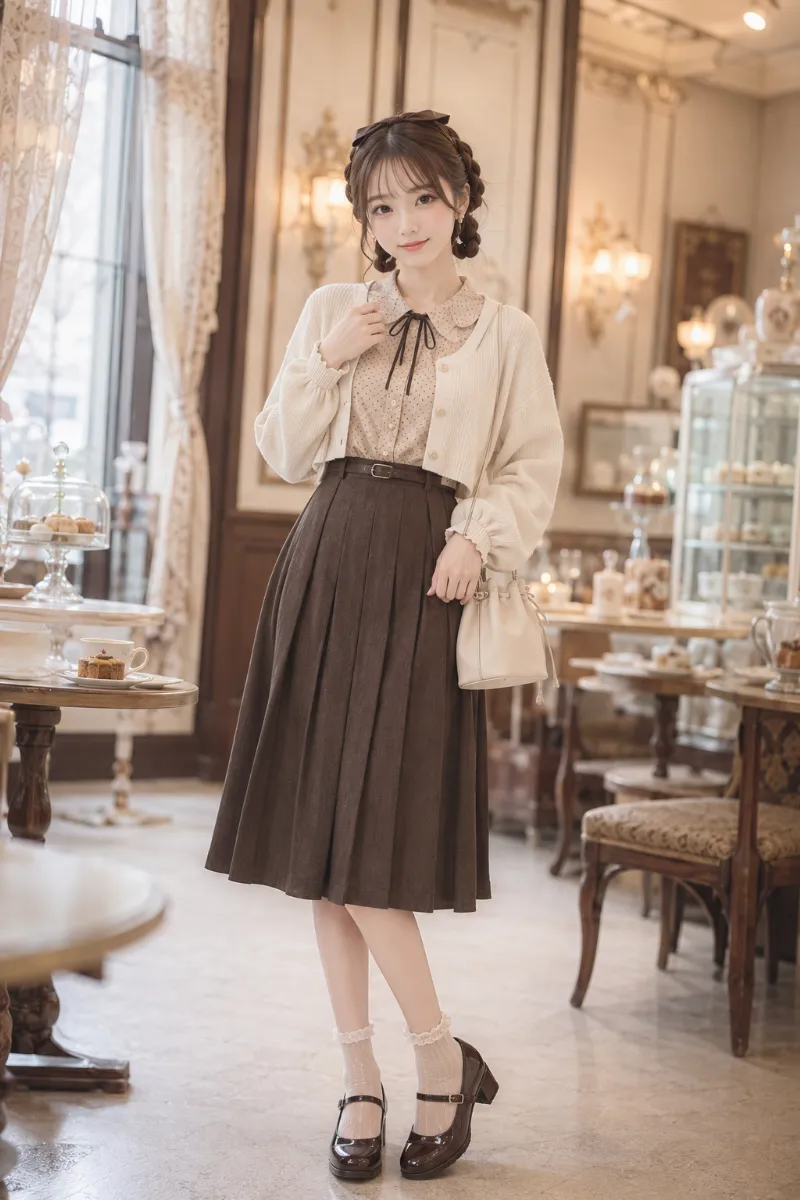 実写AI美女版|ミルクティーベージュのボウタイブラウスとチョコブラウンのプリーツスカートコーデ
