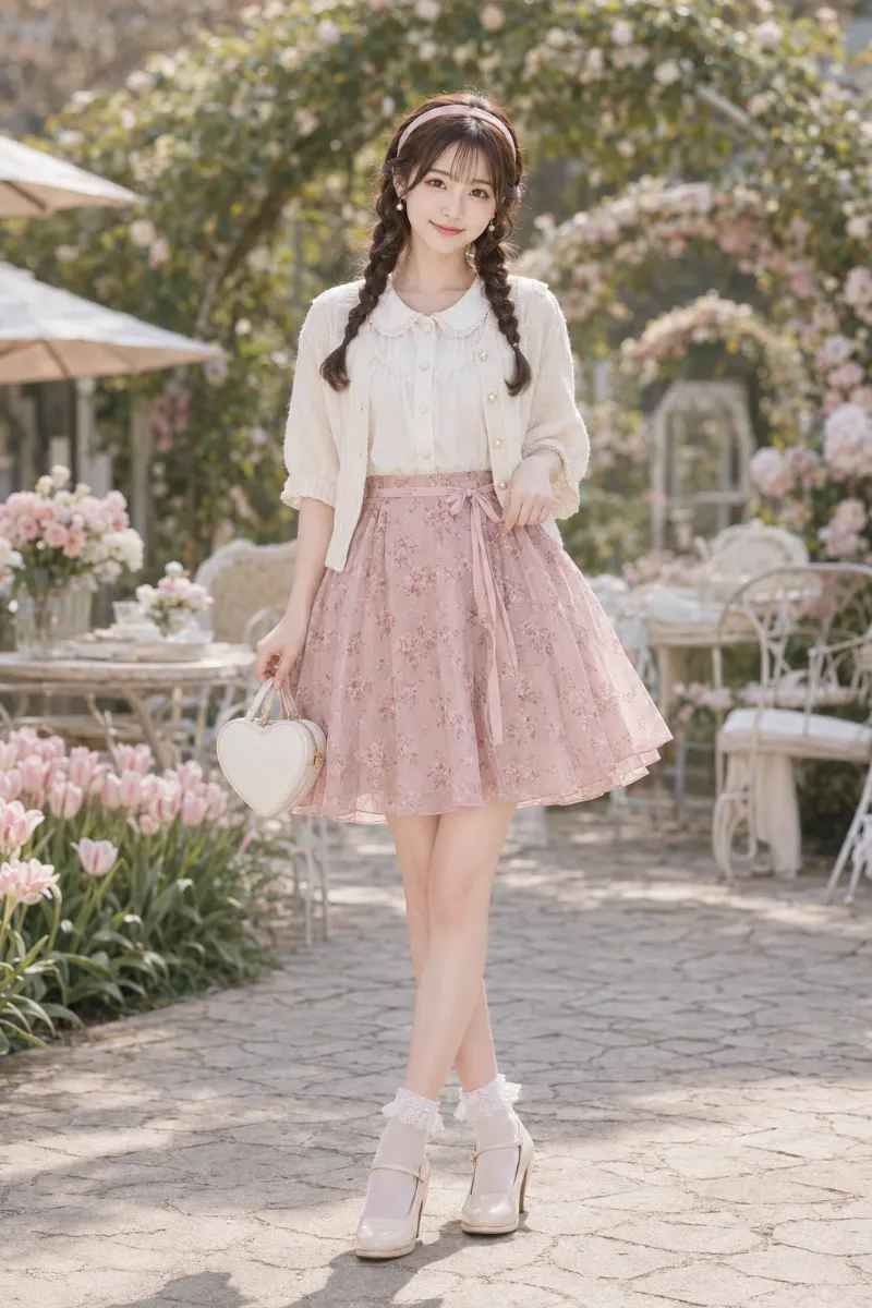 実写AI美女版|アイボリーの丸襟ブラウスとくすみピンクの小花柄スカートの清楚ガーリーコーデ