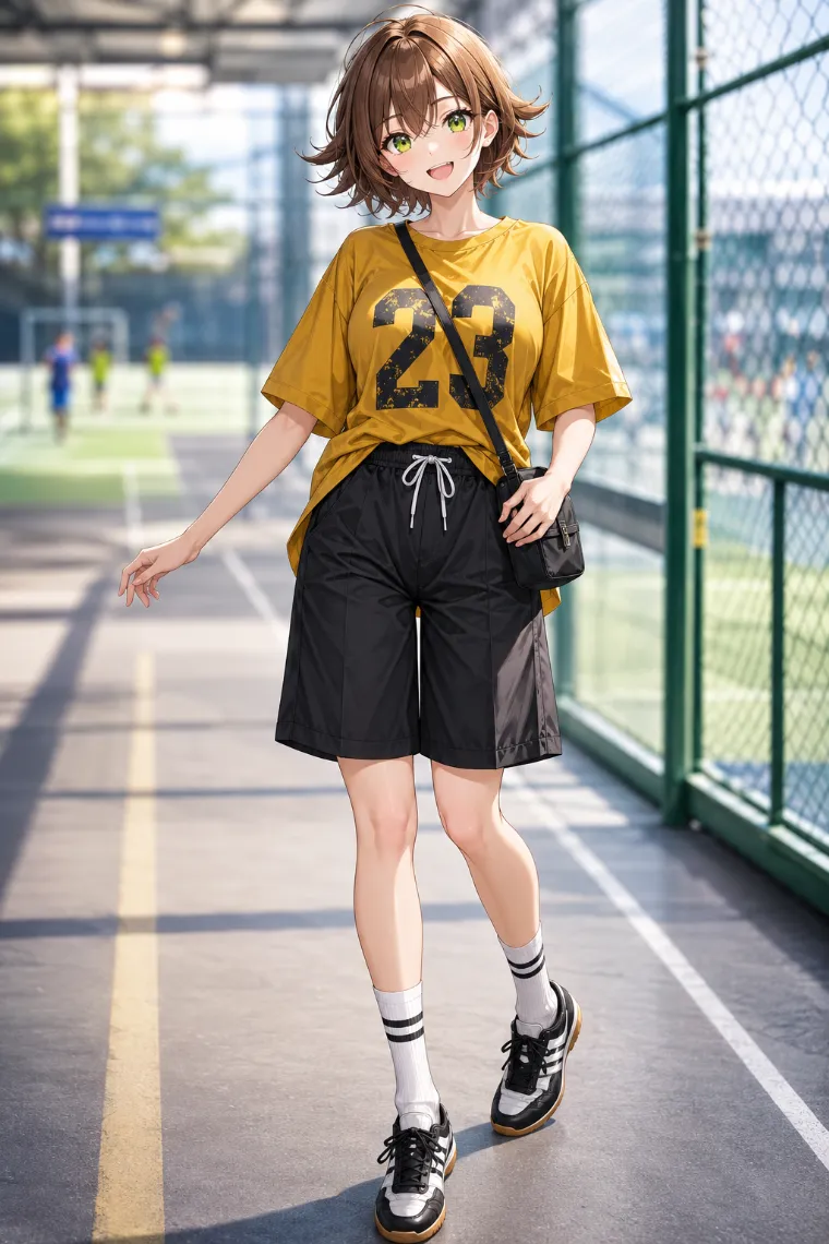 AIイラスト版｜黒ナイロンのハーフパンツとマスタードイエローTシャツのスポーティーコーデ