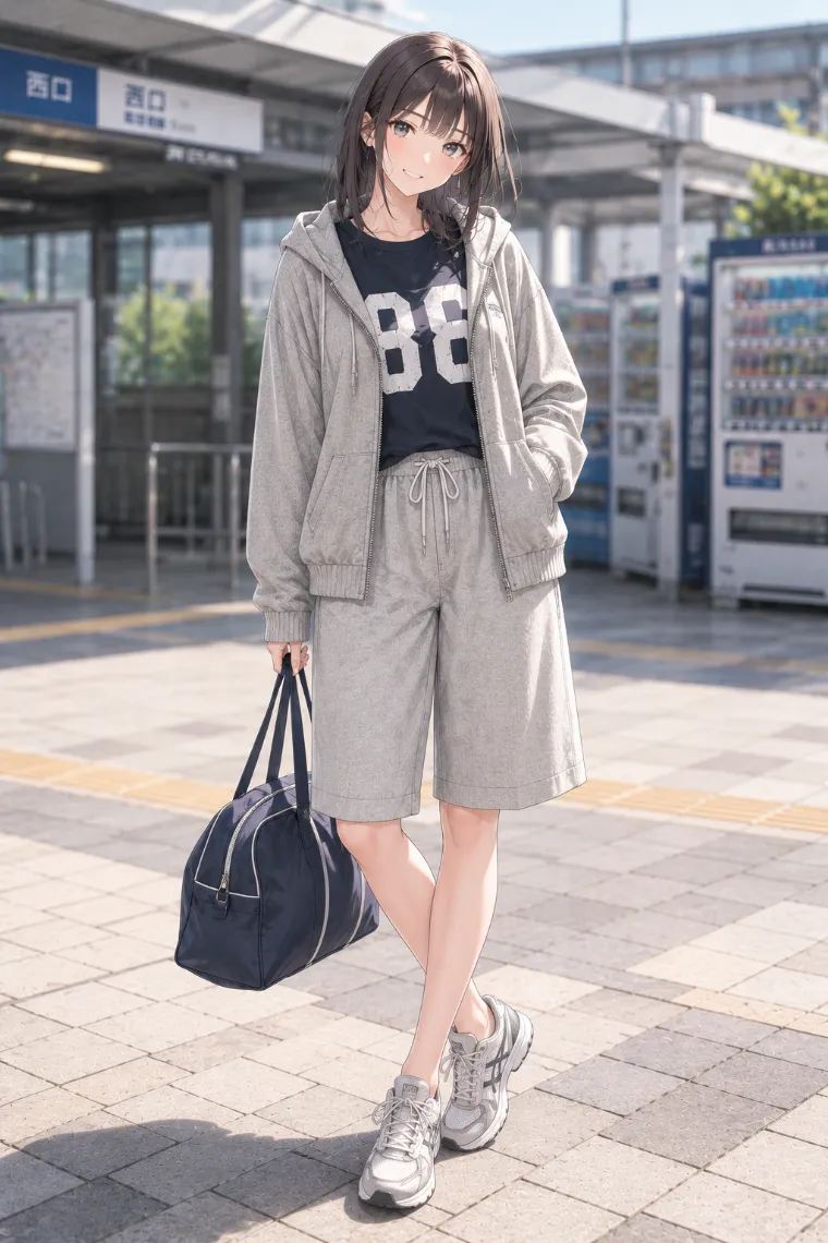 AIイラスト版｜グレーのスウェットハーフパンツとネイビーTシャツのカジュアルコーデ