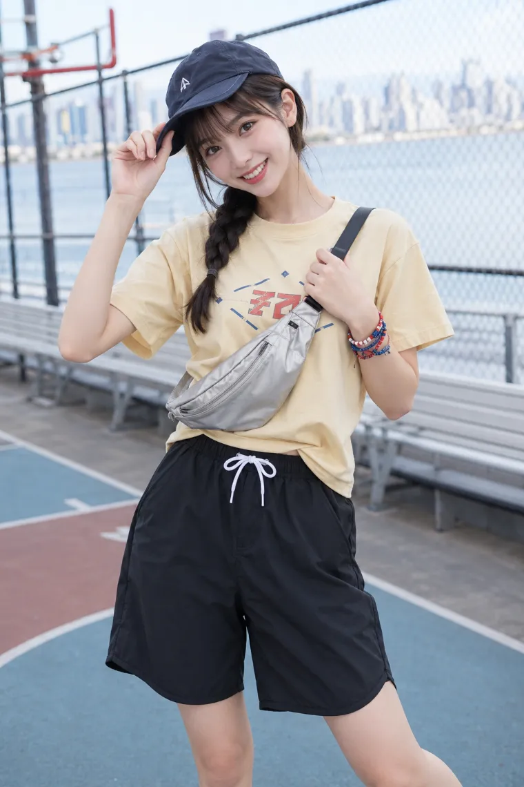 実写AI美女版｜黒ナイロンのハーフパンツとペールイエローTシャツのアクティブコーデ
